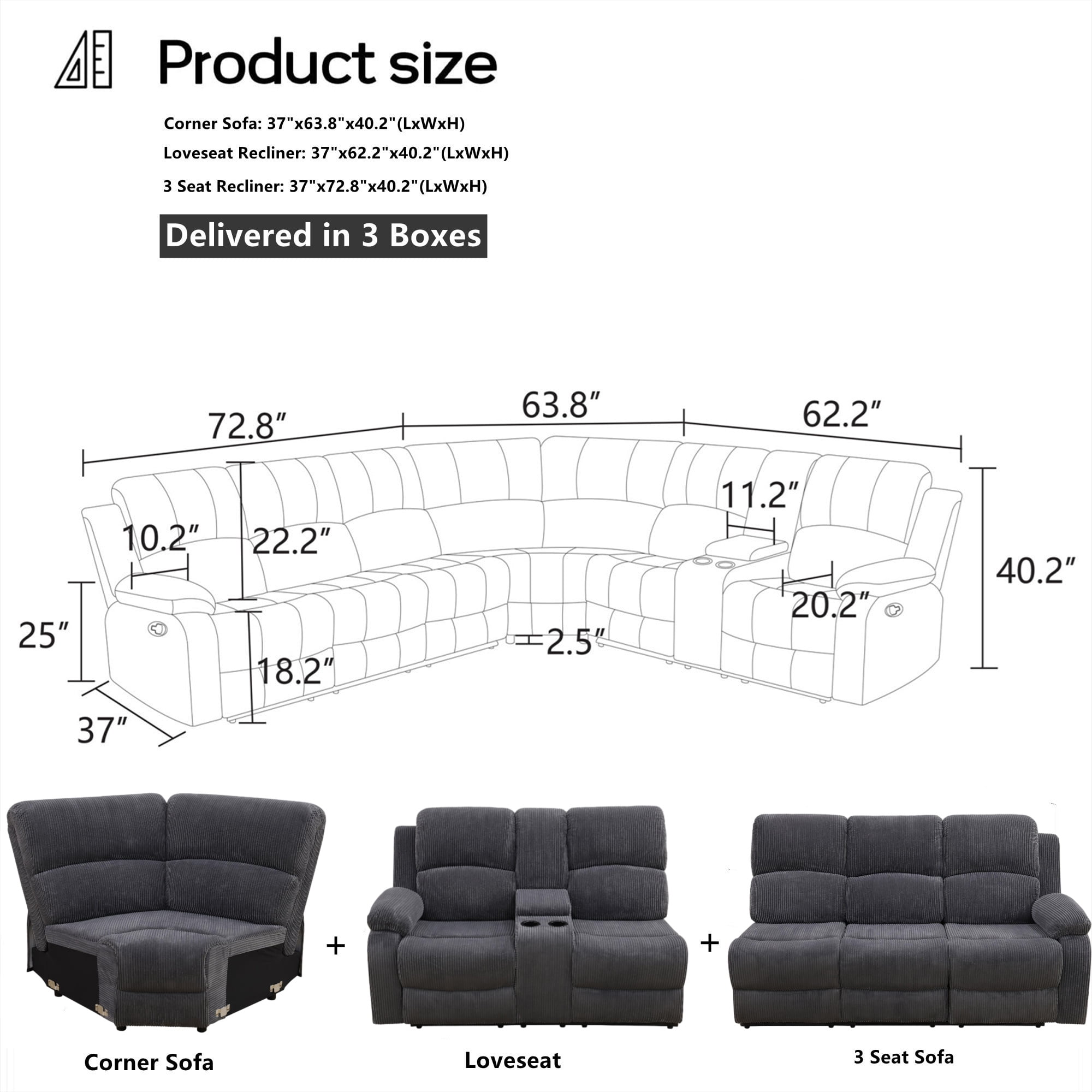 Aukfa 3-Piece Recliner Sofa Set, 6 Seat Sectional Couch with Cup Holders&Storage Console, Gray