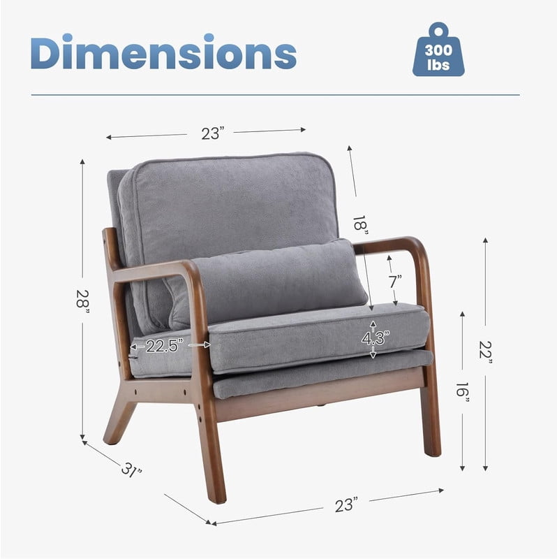 Simple Deluxe Accent Chair with Arms and Waist Pillow, Mid Century Modern Lounge Chair with Solid Wood Frame for Living Room, Bedroom, Gray