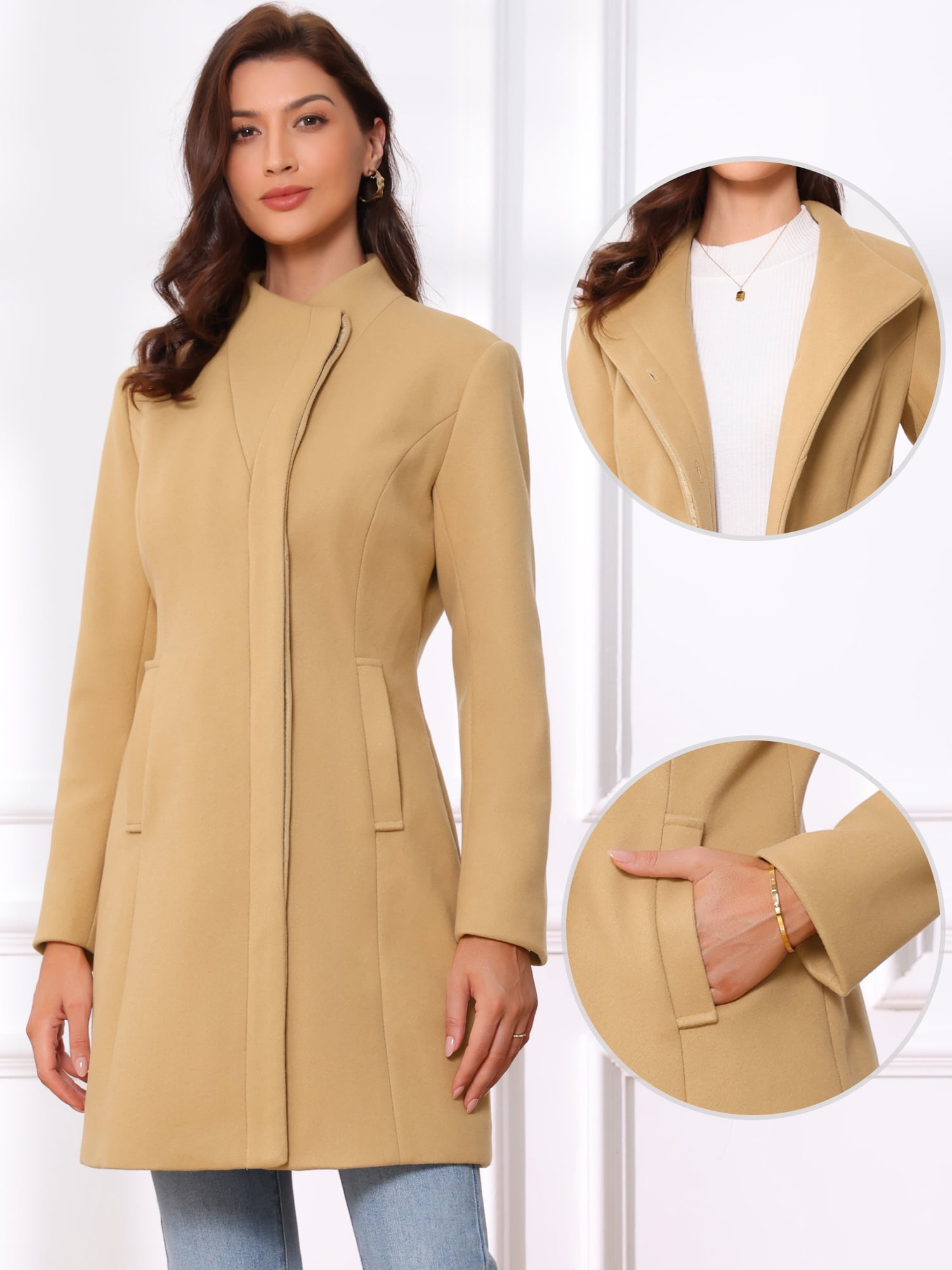 DARING DIVA Women's Stylish Peacoat Wrap Collar 2024 Winter Trench Long Coat L Khaki