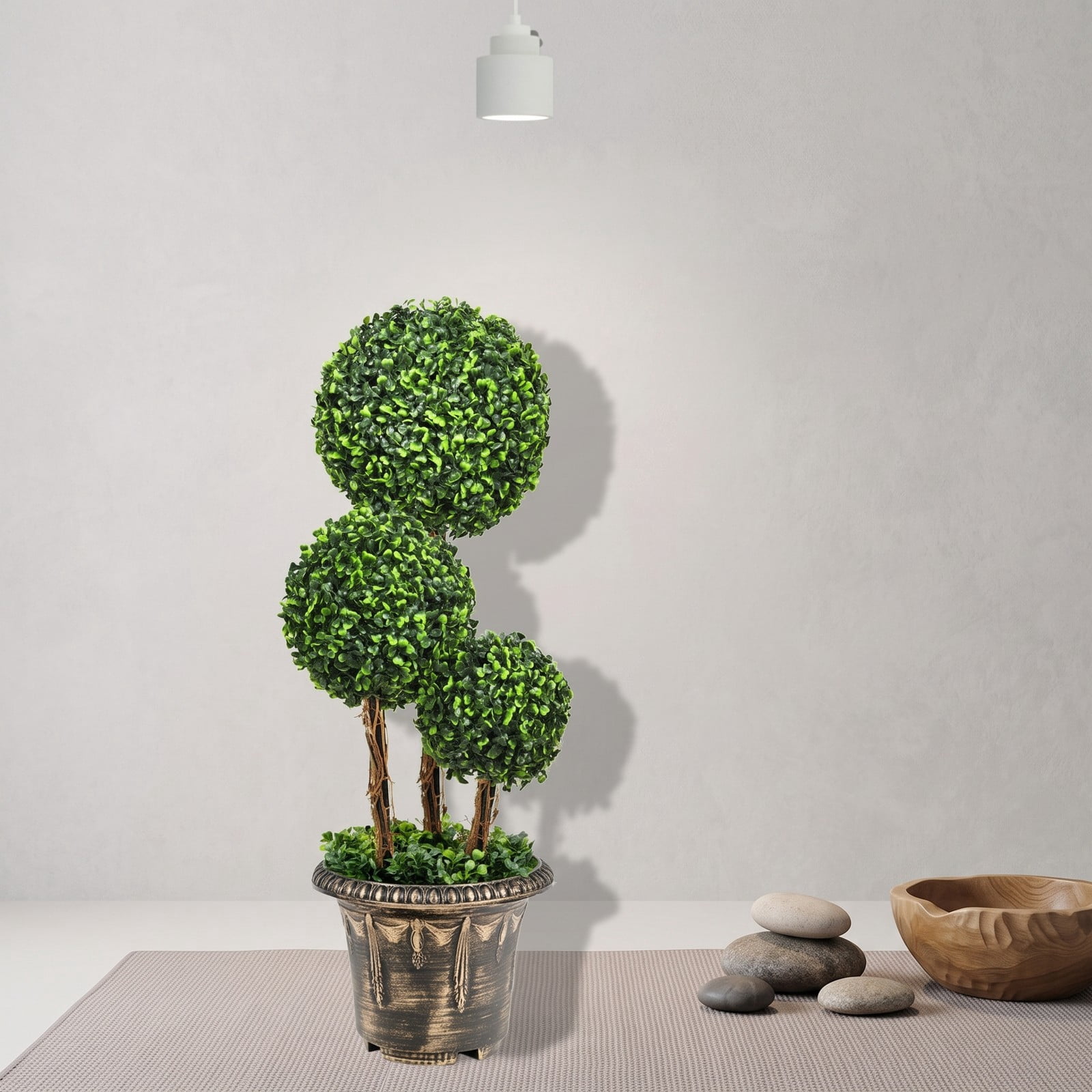ALPULON 30 Inch Artificial Topiary Triple Ball Tree, Faux Boxwood Potted Plant with Cement Base, UV Protected Indoor Outdoor Decor for Front Porch Entryway Patio, Green