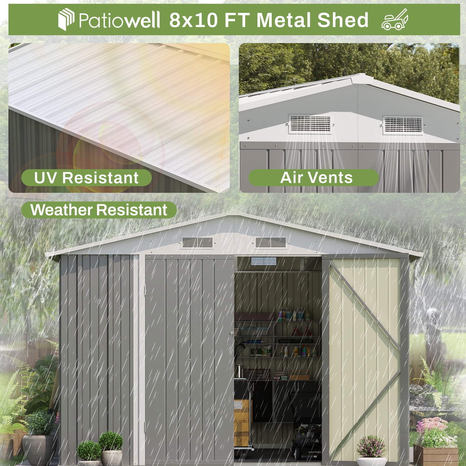Patiowell 8' x 10' Outdoor Storage Shed, Metal Tool Shed with Lockable Doors for Garden, Backyard, Patio Use, Gray