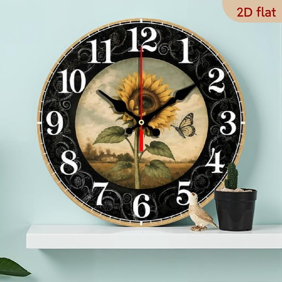 10 Inch Retro Sunflower Decorative Hanging Wall Clock, Silent Quartz Round Floral Wooden Art for Living Room, Bedroom, Office, Kitchen, Bathroom, Battery Operated, Batteries Not Included