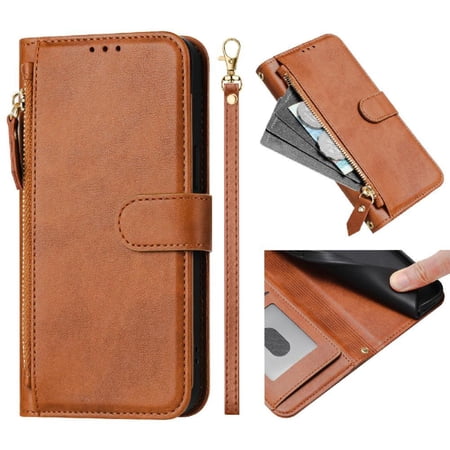 Filp Case for OPPO A38 4G Zipper Pocket Magnetic Flip Wallet Phone Case with 7 Card Slots and Wrist Strap