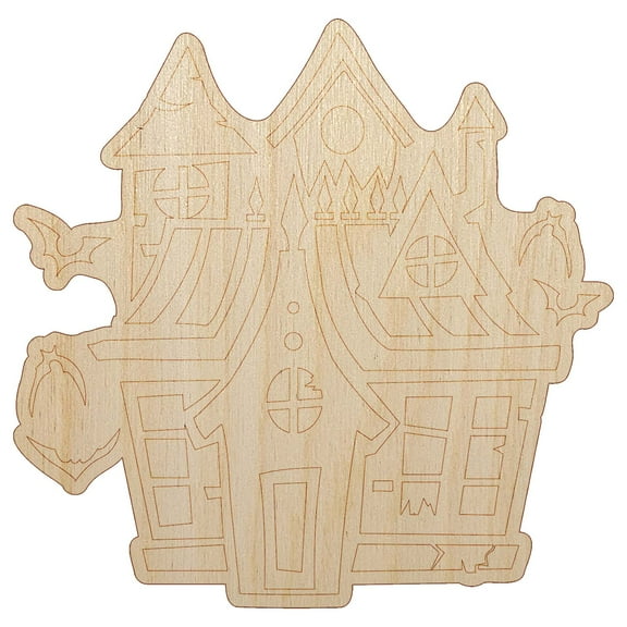 Spooky Scary Haunted House Mansion with Bats Broken Windows Wood Shape Unfinished Piece Cutout Craft DIY Projects - 4.70 Inch Size - 1/8 Inch Thick