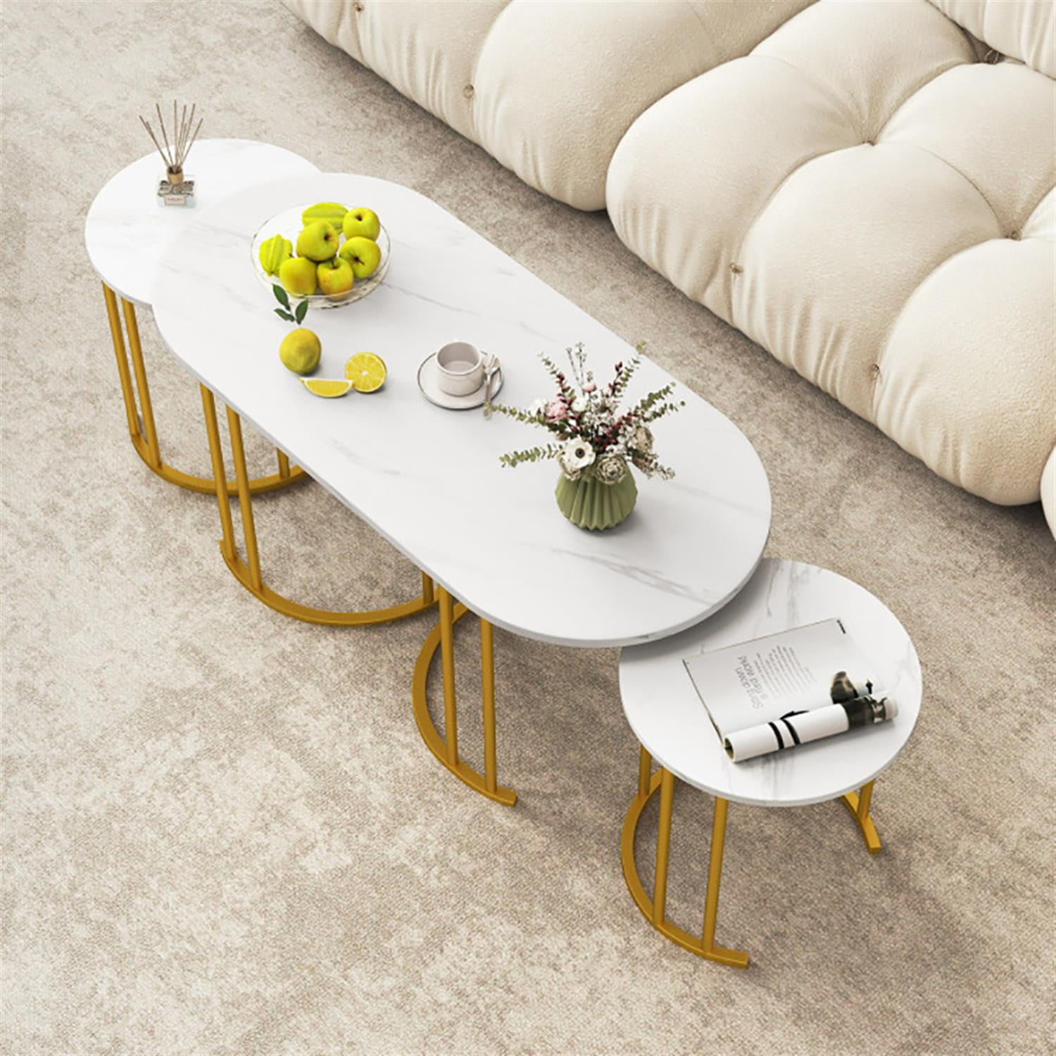 Demi Bonn Coffee Table Set of 3, Powder-coated Gold Metal Frame Dining Center Tables with Faux Marble Tabletop for Living Room, Bedroom, Office and Balcony, White