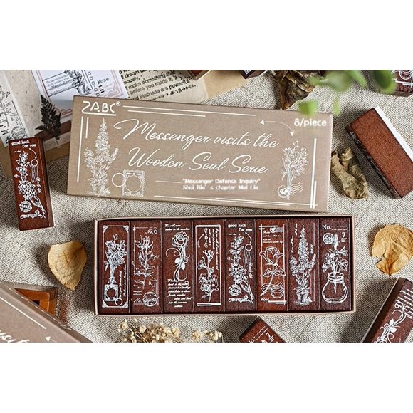 Set vintage de sellos de goma de madera con 8 patrones de flores y plantas