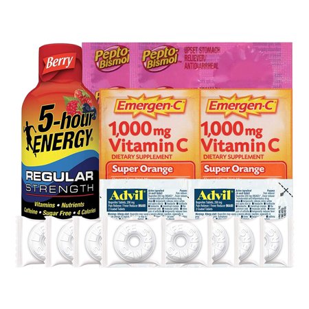 Hangover Kit - Vitamin, Tablets, Advil Pills, 5 Hour Energy, Pepto Bismol, for Bachelorette Party; Strength and