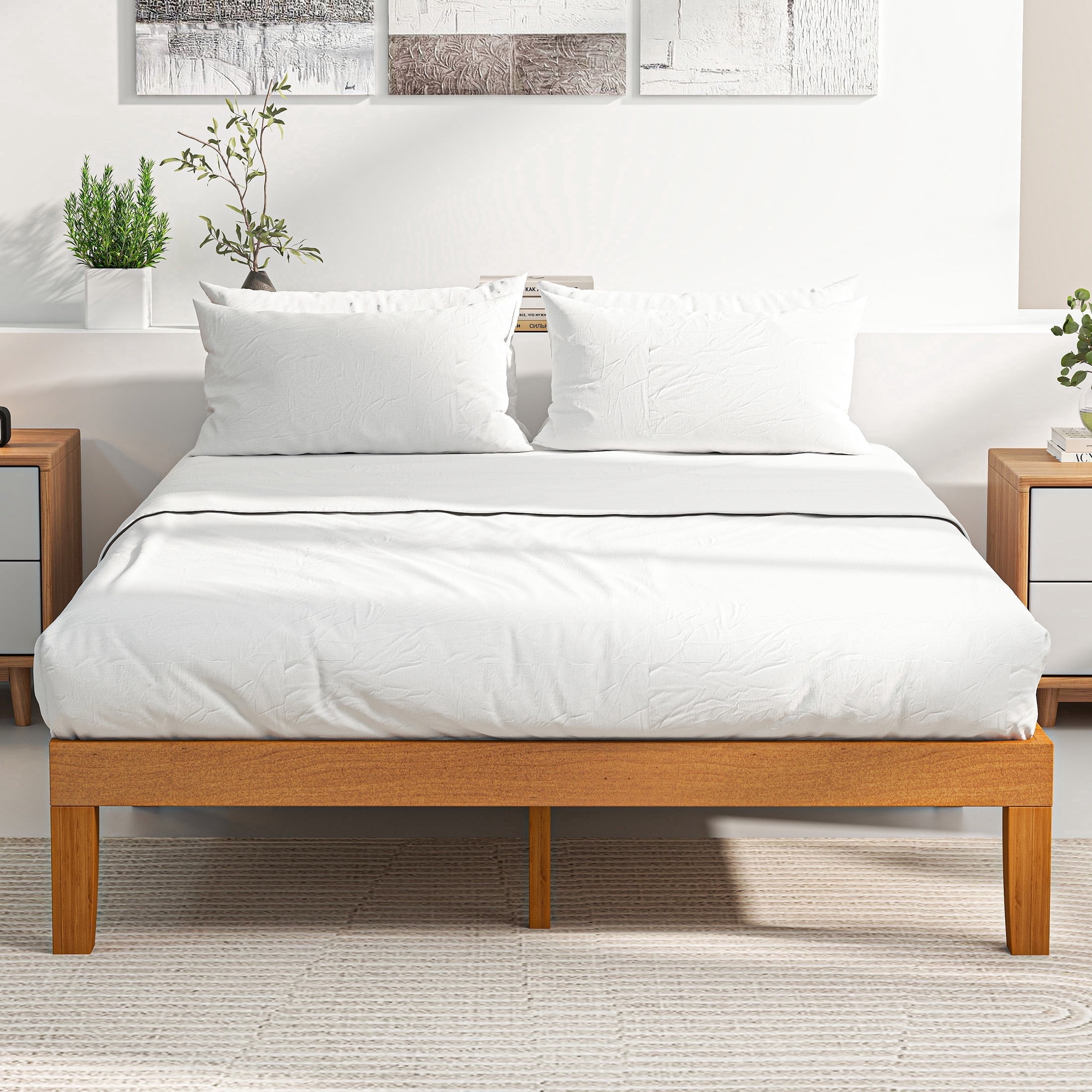 ZUNMOS 12 IN Full Size Solid Wood Bed Frame with Wood Slat Support,  Sturdy,  No Box Spring Needed,  Natural Pine