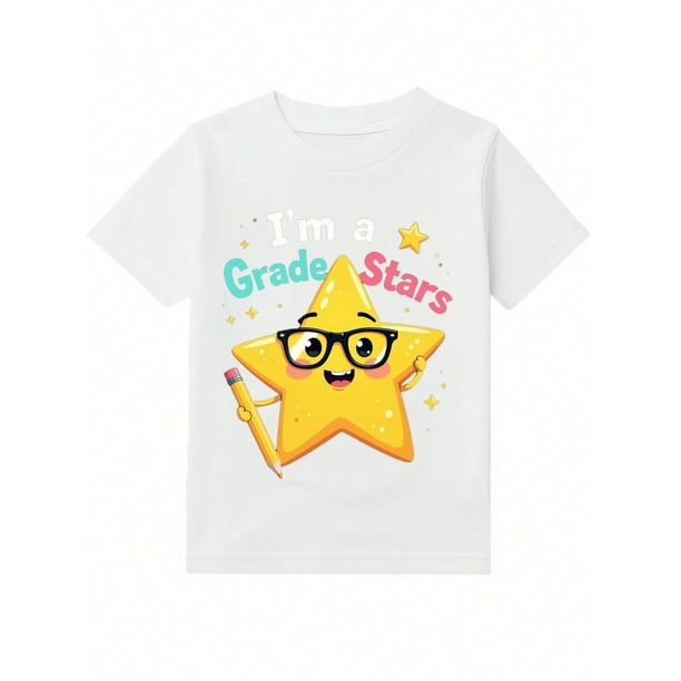 Girls & Boys "Star Theme Cotton Graphic Tees, Back To School Clothes Girls, Casual Style Summer Shirts With Cartoon Star Pattern, Gift For First Day of School, Round Neck Short Sleeve T-Shir