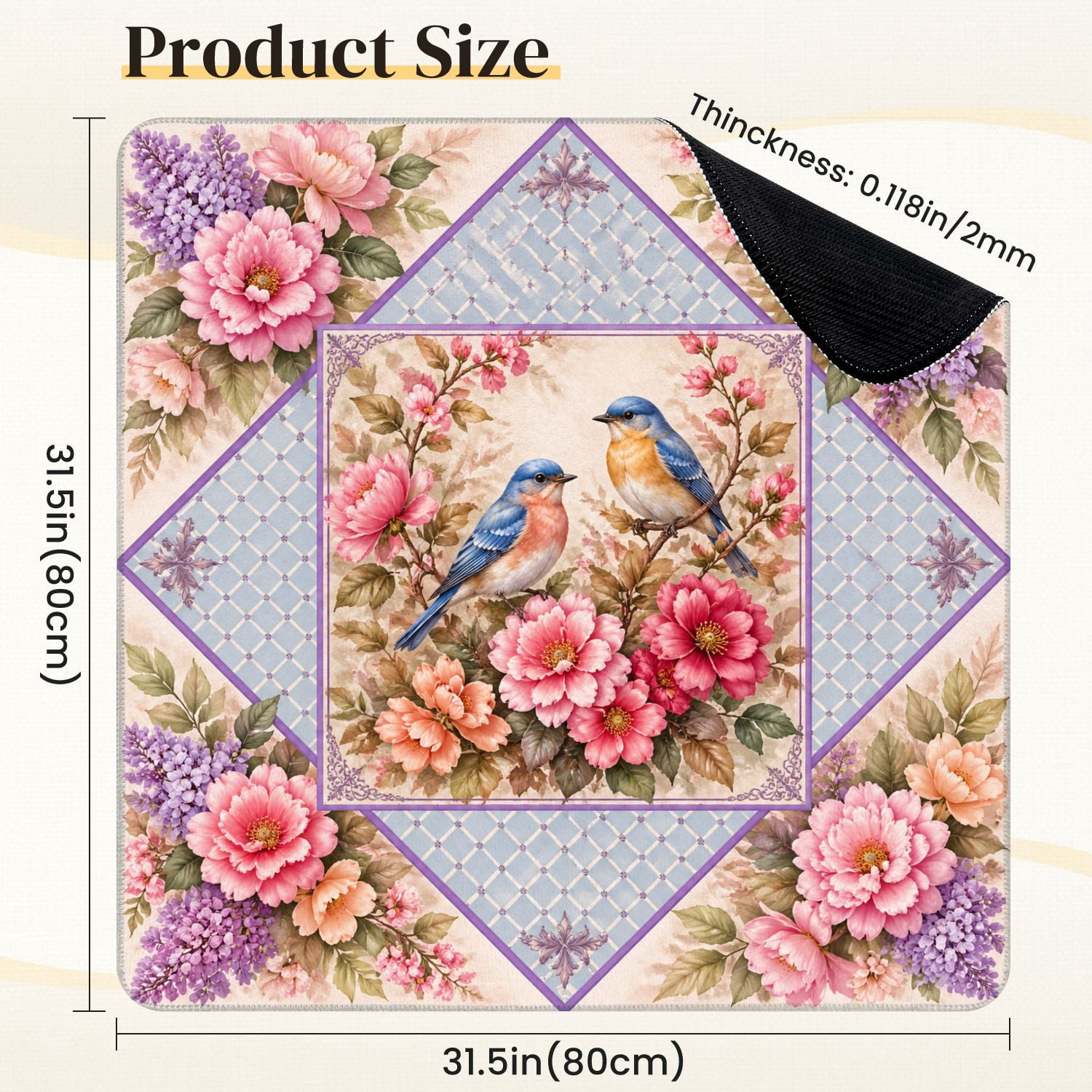 Mahjong Mat 31.5" x 31.5" Bluebirds Perched Pink Purple Flowers Elegant Floral Non-Slip Noise Reduction Mahjong Tiles Table Cover for Dominoes Poker Card Board and Tile Games