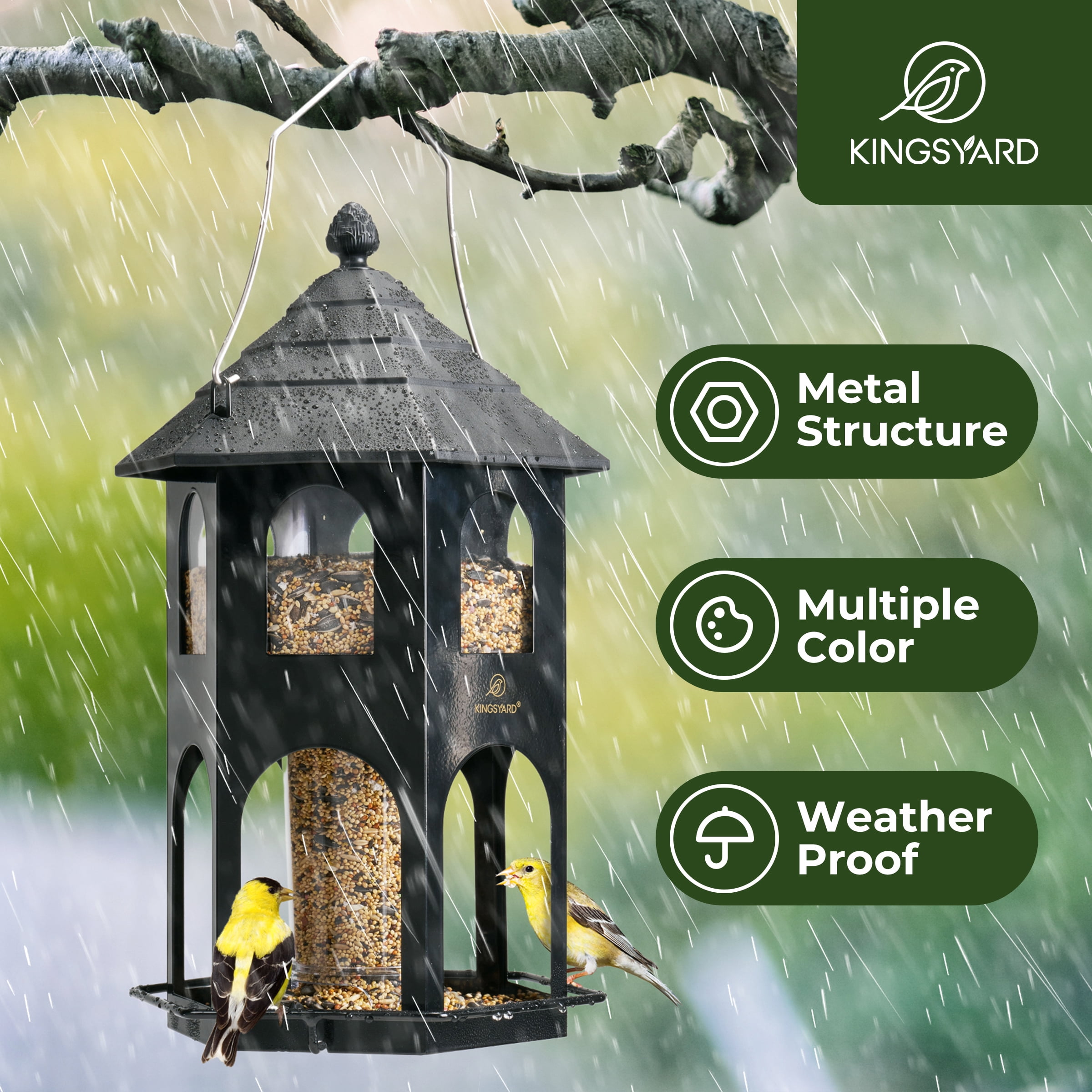 Kingsyard Hopper Wild Bird Feeder for Outdoor Hanging, 4 lbs Large Seed Feeding Metal House, Black