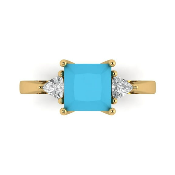 Clara Pucci 14K Yellow Gold Solid Gold Turquoise Three-Stone Anniversary Ring for Women - 2.32 cttw Princess Cut