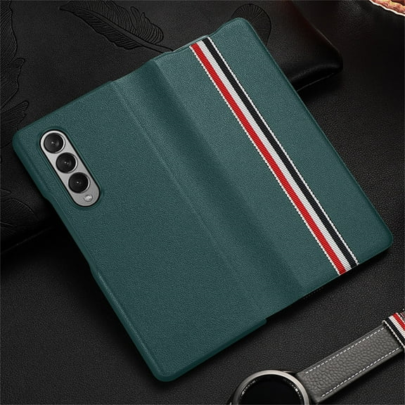 Techcircle Case for Samsung Galaxy Z Fold 3 7.6" 2021 Release, Heavy Duty Protective Case Vintage Durable Leather Texture Backplane Anti-fall Shockproof Secure Wrap Business Case, Green Color Bar