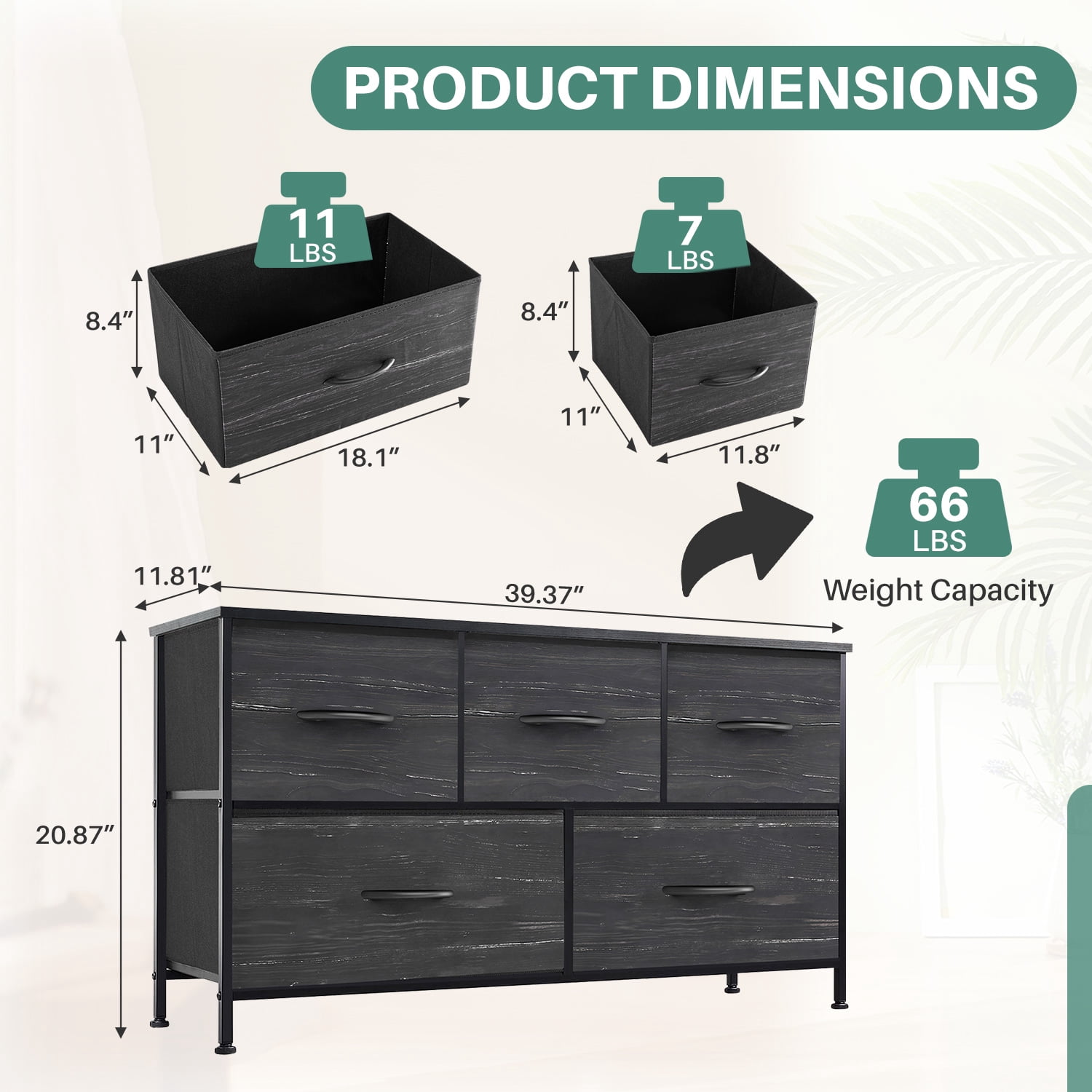 Beddle Dresser with 5 Fabric Drawers for Bedroom, Wide Storage Chest with Drawer Organizer for Closet or Living Room, Black