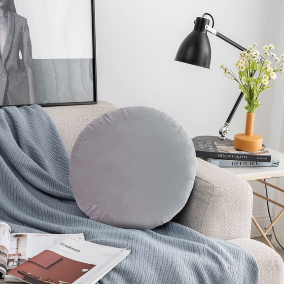 Round Pillow Cushion for Velvet Decorative Small Throw Pillow Solid Color for Living Room Bed Floor 17.7”(Grey)