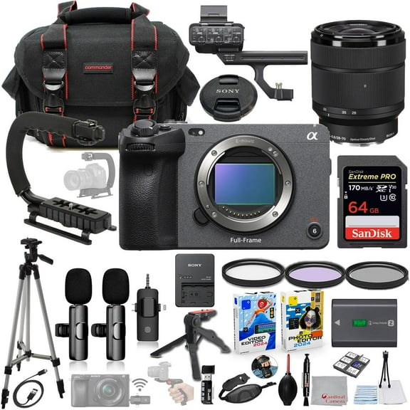 Sony FX3A Full-Frame Cinema Camera with 28-70mm Lens Bundle   Wireless Microphone System   Accessory Package Including 64GB Extreme Memory, U-Grip, Case, Tripod, Software and More (34 Items)