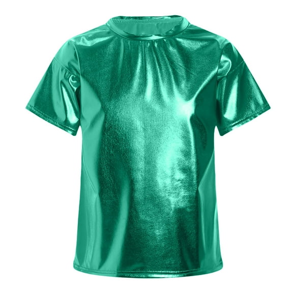 Jizyo Kids Girls Short Sleeves Crop Tops Athletic Shiny Metallic Modern Dance Street Clothing Plain Green 110