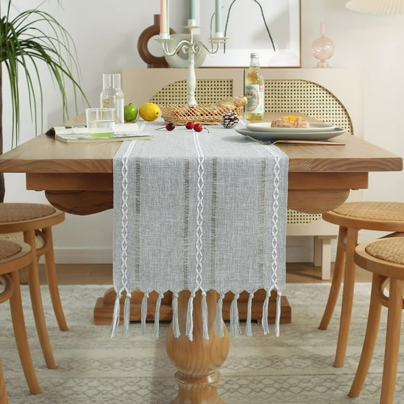Tapete de mesa Wracra Rustic con dobladillo de lino, 90 x 36 cm, gris