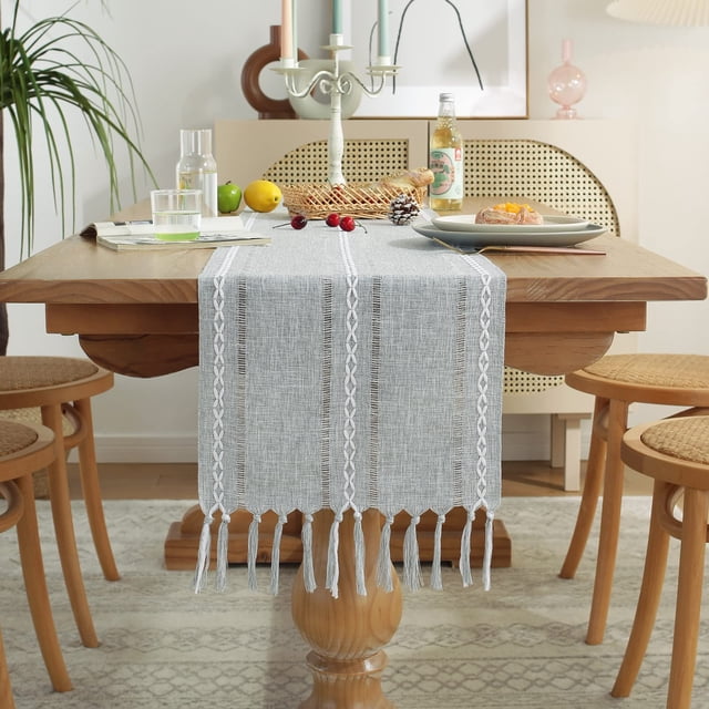 Tapete de mesa Wracra Rustic con dobladillo de lino, 275 x 33 cm, color gris