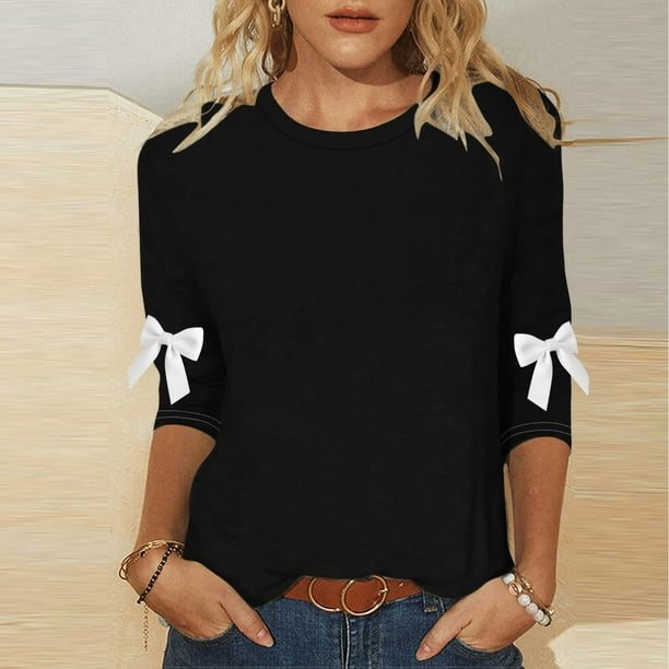 HongQid Womens Tops 3/4 Sleeve Shirts Round Neck Loose Casual Blouses Solid Color Tshirts