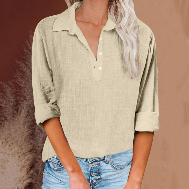 AherBiu Chemises à Manches Longues pour Femmes en Lin Bouton Col Rabattu Chandail Ajusté Automne Tendance 2024 Hauts