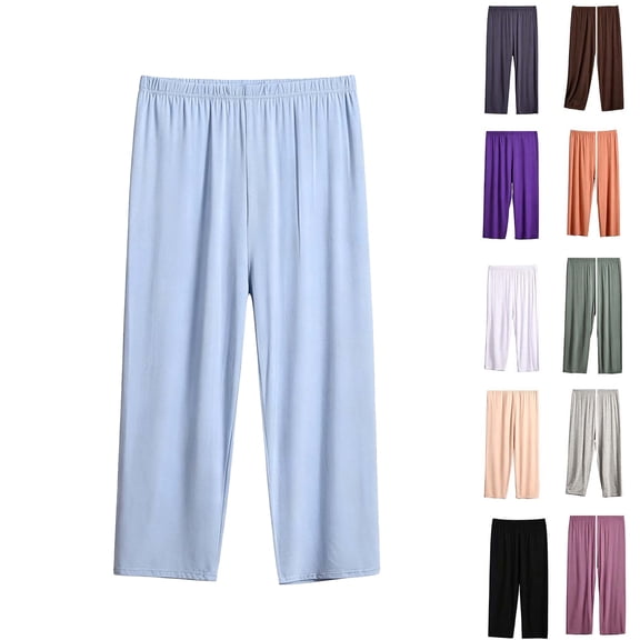 Pajama Pants for Women Dqueduo Women's Fashion Regular Waist Comfy Casual Exercise Pajama Pants Capri Length Rayon Spandex Light Blue XXL