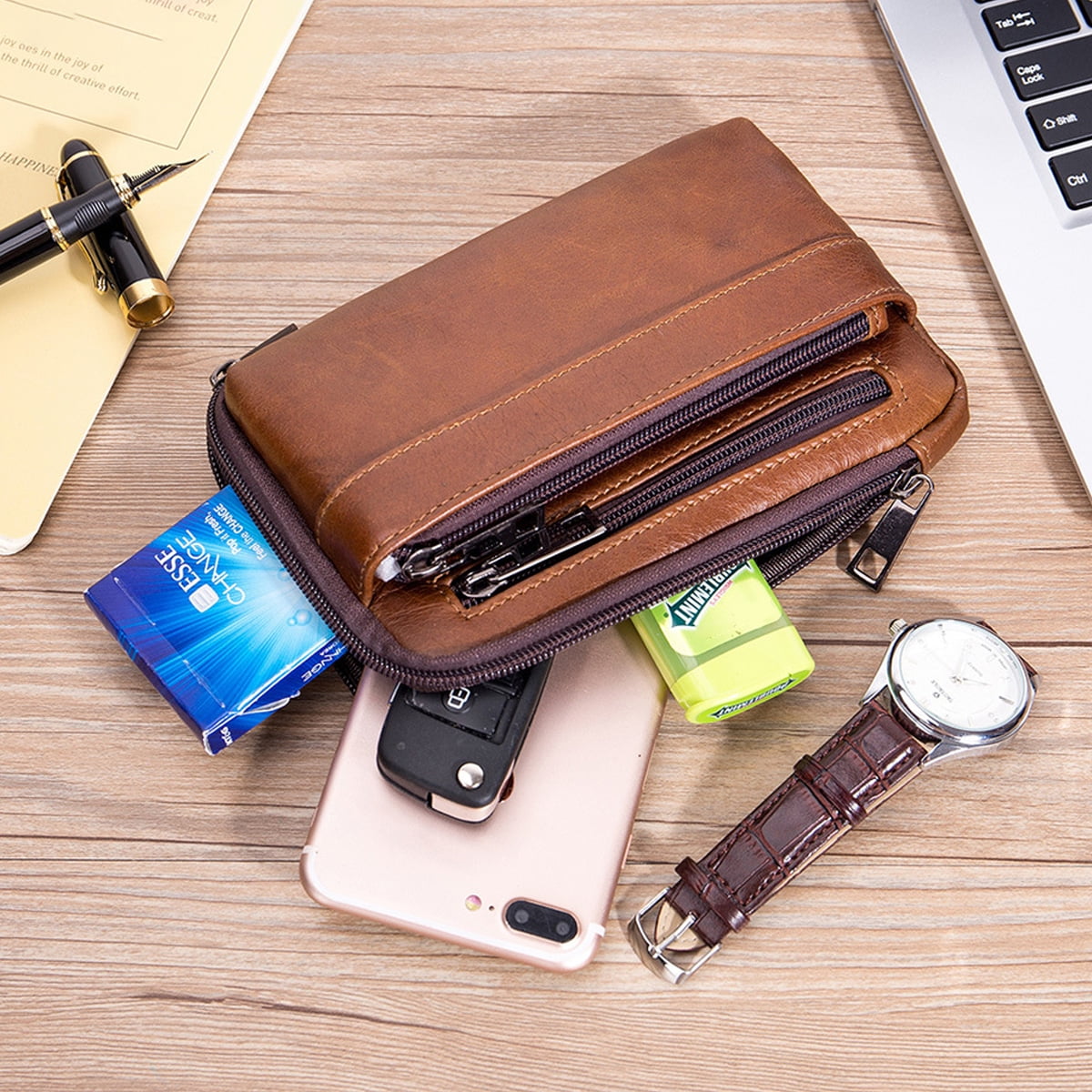 Leather Phone Holster, Genuine Buffalo Leather Cell Phone Holsters, Durable Leather Phone Belt Holder Horizontal and Vertical Multi-functional Waist Pack for Smartphones-Brown