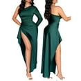 thumbnail image 2 of Womens Wedding Guest Maxi Dress Fall One Shoulder Sleeve Satin Bodycon High Split Cocktail Formal Prom Dresses Dark Green M, 2 of 7