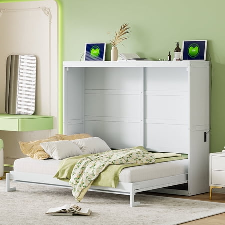 Harper & Bright Designs Queen Size Murphy Bed Cabinet, Wood Murphy Bed Platform Chest Bed Frame, Folding Wall Bed for Bedroom & Guest Room, White