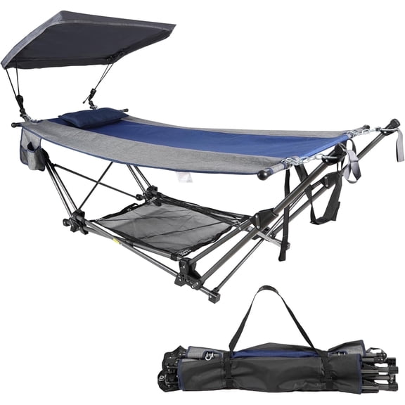 REDCAMP Portable Folding Hammock with Steel Stand, Foldable Hammock with Removable Canopy Pillow and Storage Net for Outdoor Yard Beach, 264lbs Capacity