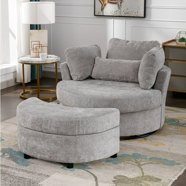 Lunale Oversized Swivel Accent Barrel Chair with Storage Ottoman