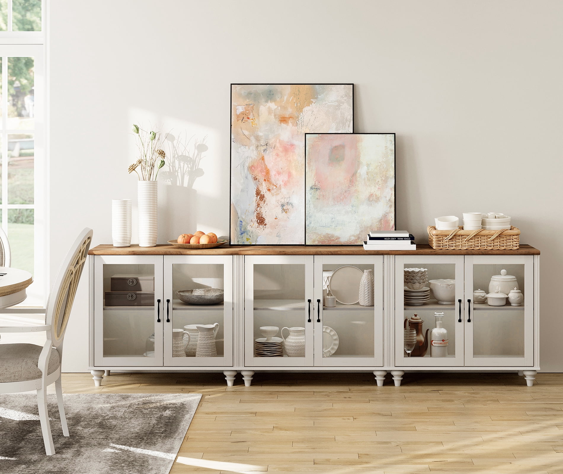 Buffet Cabinet with 6 Glass Doors, Kitchen Storage Cabinets with Adjustable Shelf, 101 inch, White