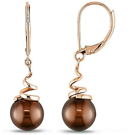 8-8.5mm Chocolate Cultured Freshwater Pearl 14kt Yellow Gold Leverback Swirl Earrings