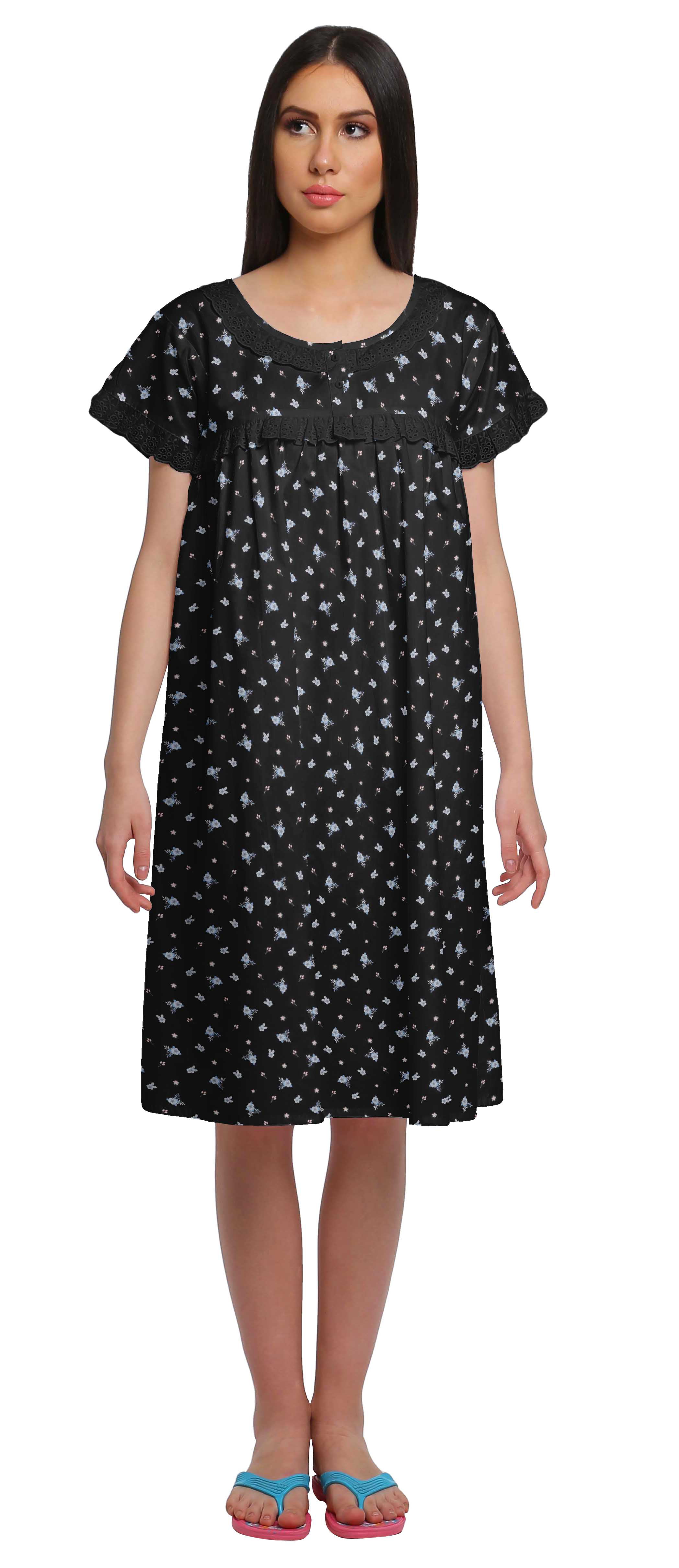 Moomaya Cotton Lace Neckline Sleepwear for Ladies Round Neck Womens Nightdress