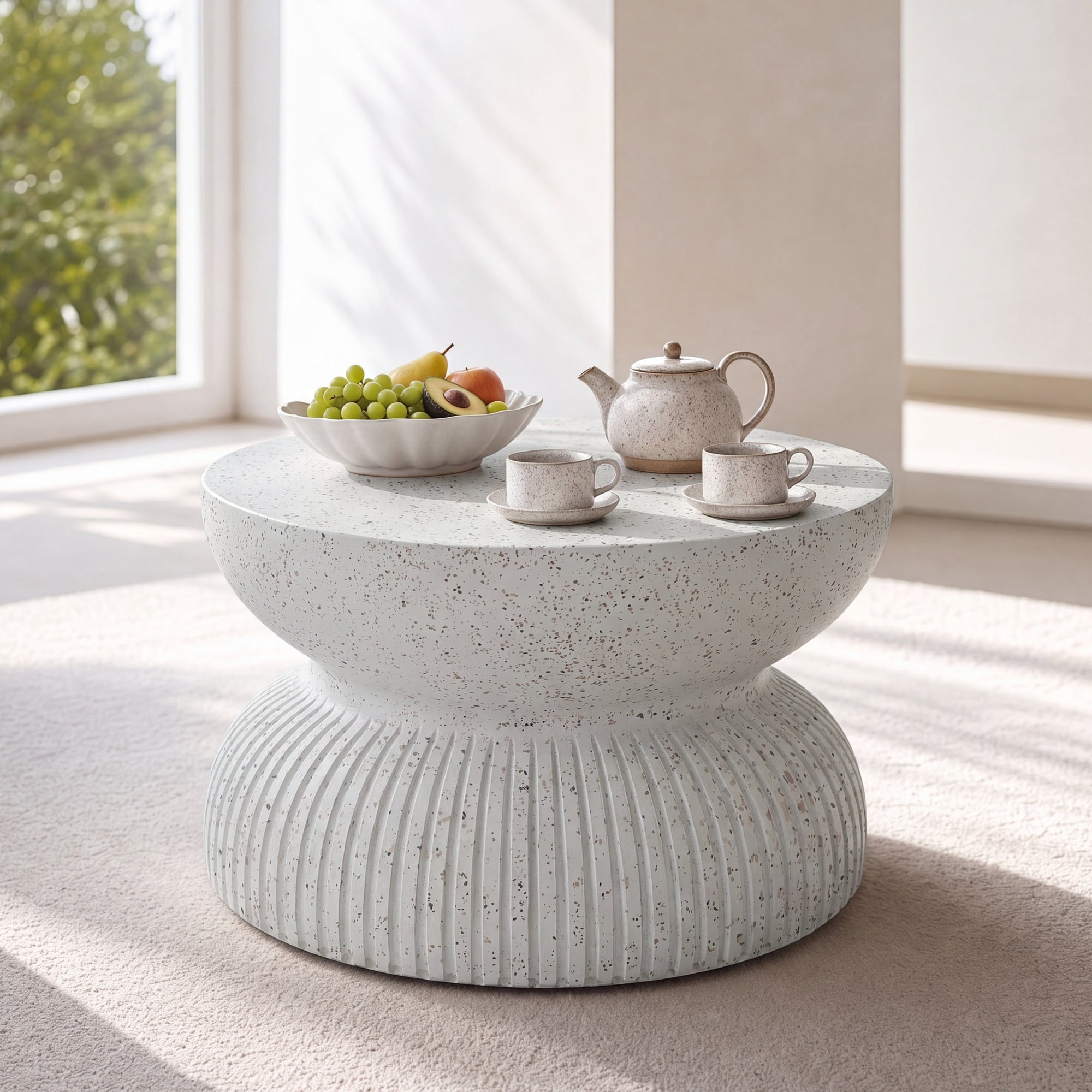 Large Hourglass MGO Side Table – Durable Construction, Textured Base, White Speckled Terrazzo