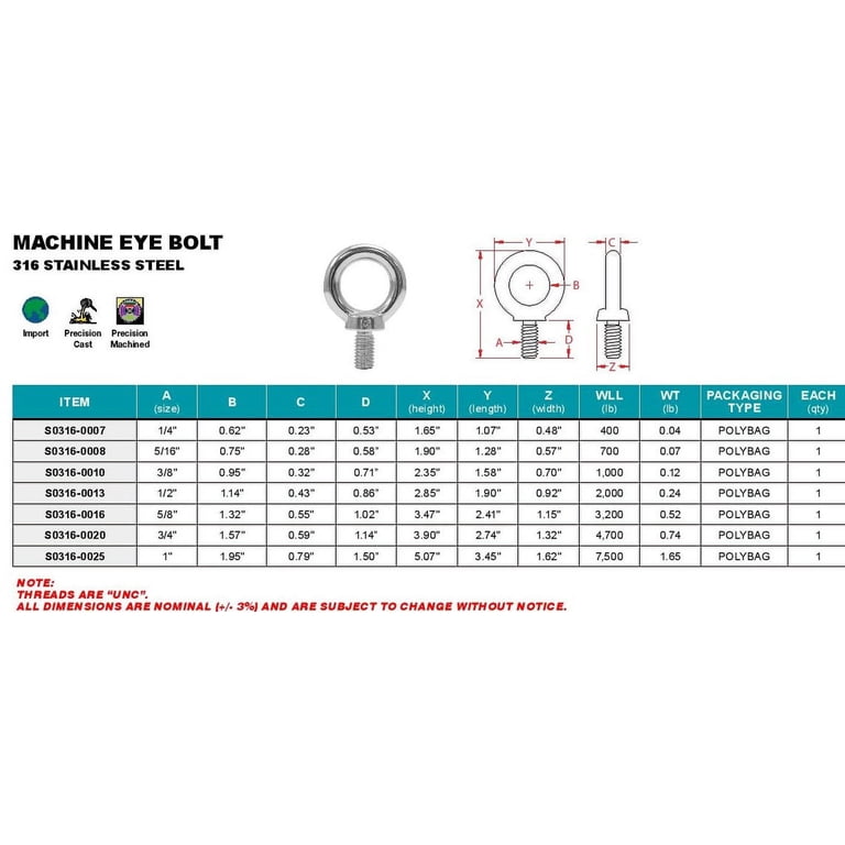 Stainless Steel UNWELDED EYE BOLT 316, 6-32 x 3/4 in Stainless Steel UNWELDED EYE BOLT 316, 6-32 x 3/4 in
