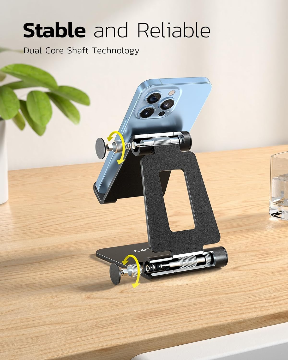 2 Pack Fully Aluminum Dual Folding Cell Phone Stand, Adjustable Foldable Desktop Phone Holder for Desk Compatible with iPhone 17 16 15 14 13 12 11 Pro Max Xs Xr X 8, All Phones, Black & Silver