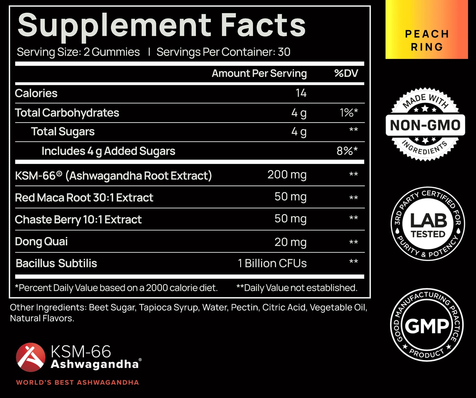4,050mg KSM66 Ashwagandha Gummies Libido Booster for Women, 30x Strength Red Maca Root (Peach Ring)