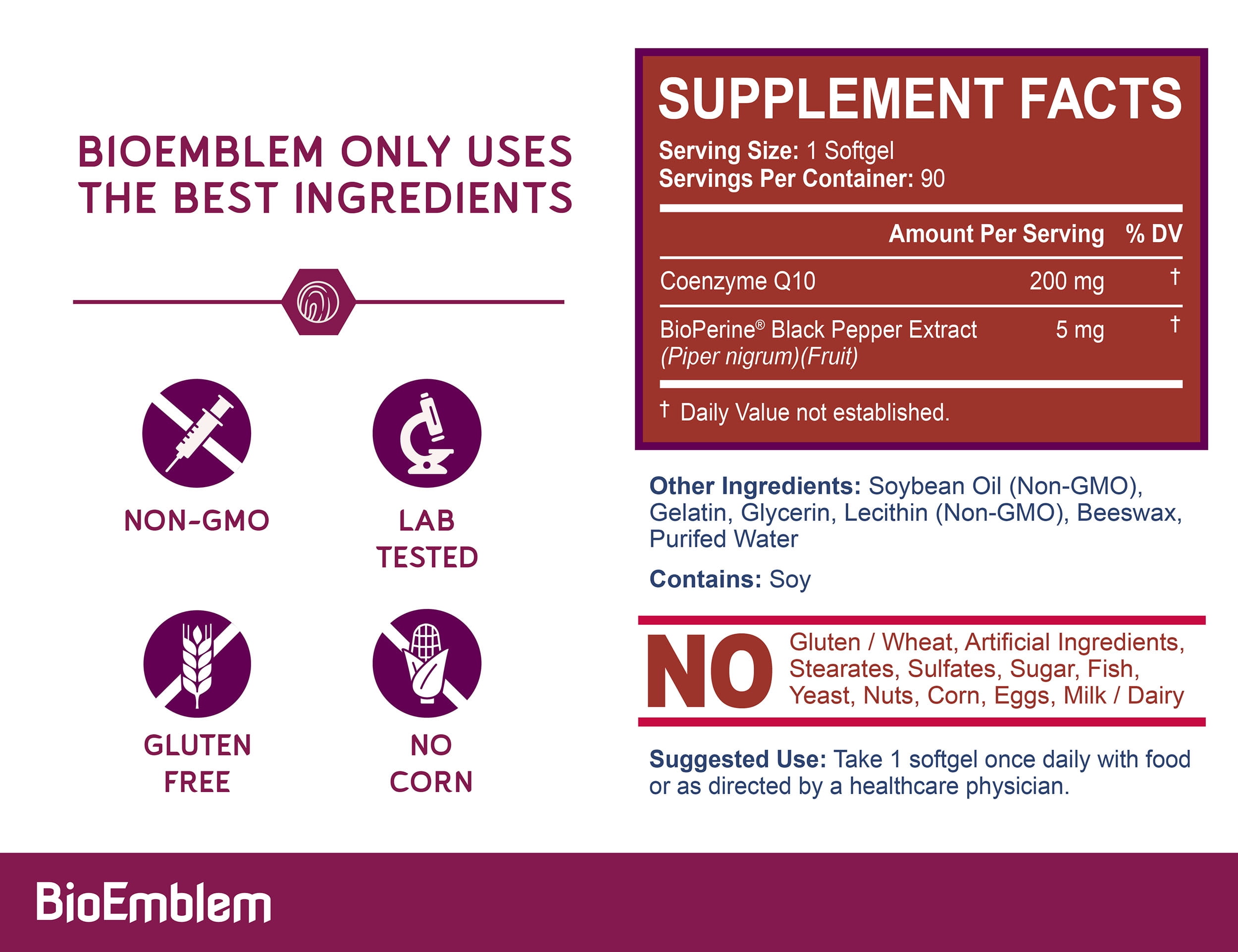 BioEmblem CoQ10 with BioPerine - 200mg Softgels, High Absorption - Coenzyme Q10 Antioxidant for Energy Production, Heart Health - Non-GMO CoQ10 Supplement Made In USA - 90 Count