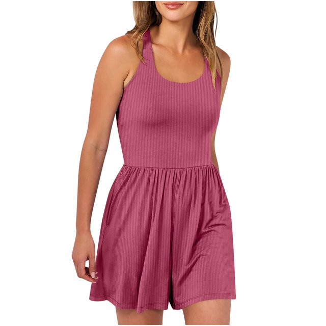 hotojiny Womens Athletic Romper Loose U Neck Ribbed Knit Short Jumpsuit Fashion Cross Back Summer One-Piece Outfits with Pockets