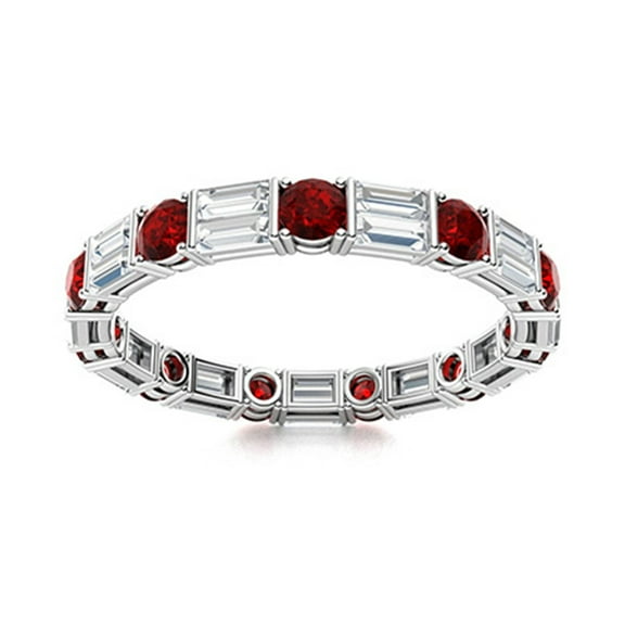 Mooneye 3mm Round Garnet & Baguette CZ 925 Sterling Silver Eternity Women Valentines Day Gift Ring