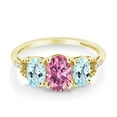 thumbnail image 2 of Gem Stone King 10K Yellow Gold 3-Stone Ring Oval Pink Moissanite and Topaz Sky Blue (1.92 Cttw, Size 9), 2 of 4