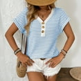 thumbnail image 6 of Summer V-neck Short Sleeve Knitted T-shirt Patchwork Button Pullover Top, 6 of 6