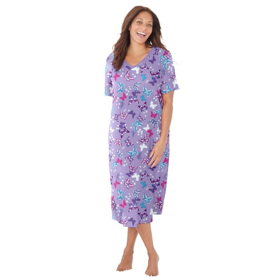 Dreams & Co. Plus Size V-Neck Short Sleeve Midi Cotton Sleep Shirt