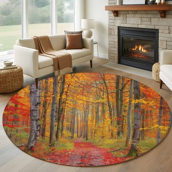 8ft Round Rug, Red Orange Forest Fall Non-Skid Rubber Backing Large Area Rugs - Living Room Bedroom Home Office, Thanksgiving Tree Maple Leaf Indoor Floor Mat Carpets Washable Rug