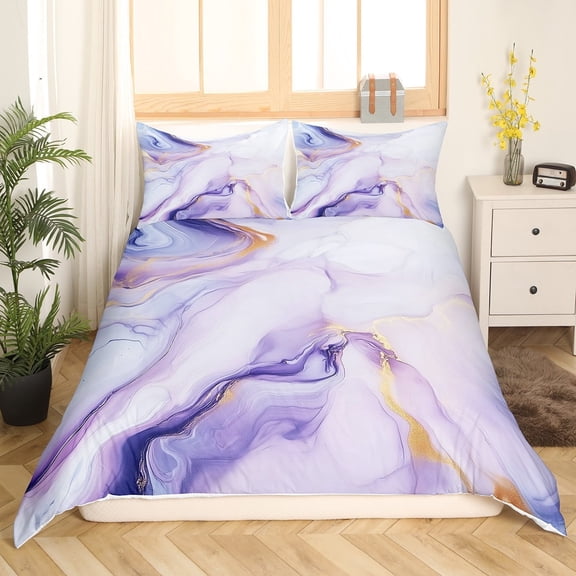 Marble Comforter Cover Purple Gold Abstract Marbling Duvet Cover Full Watercolor Marble Art Bedding Set For Adult Women Room Decor,Aesthetic Marble Print Bed Set(No Comforter)