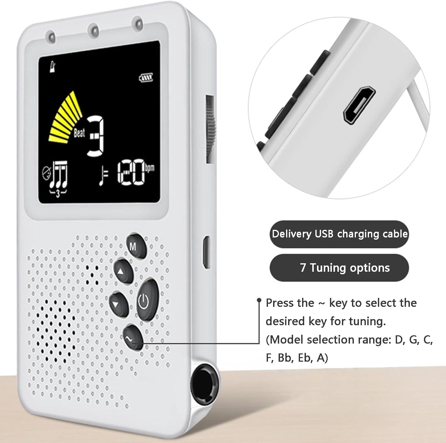 Metronome Tuner, Digital Metronome Tuner Tone Generator with Human Voice Beat, Rechargeable Tuner for All Instruments - Guitar, Bass, Violin, Ukulele Chromatic