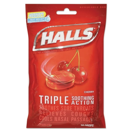 HALLS Triple Action Cough Drops, Cherry, 30 Ct