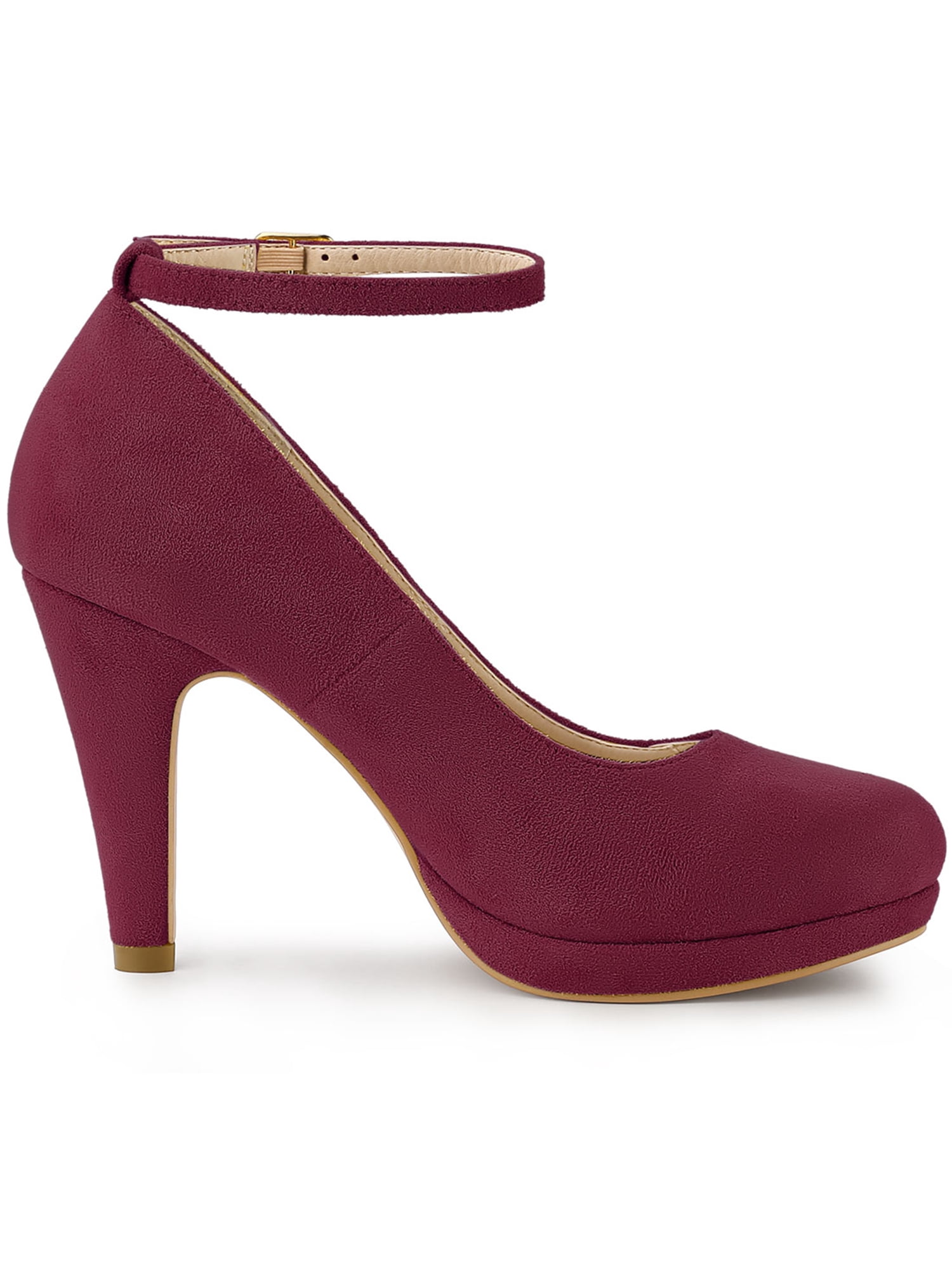 Unique Bargains Women's Round Toe Stiletto Heel Ankle Strap Pumps Burgundy 6.5