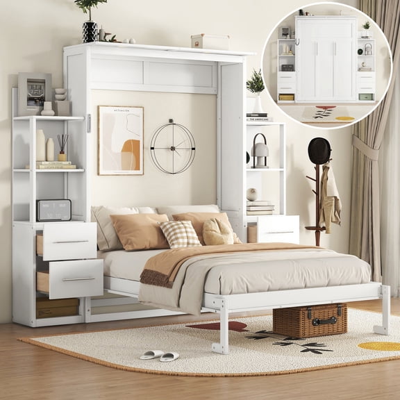 Full Size Murphy Bed Wall Bed with Shelves, Drawers and LED Lights, White